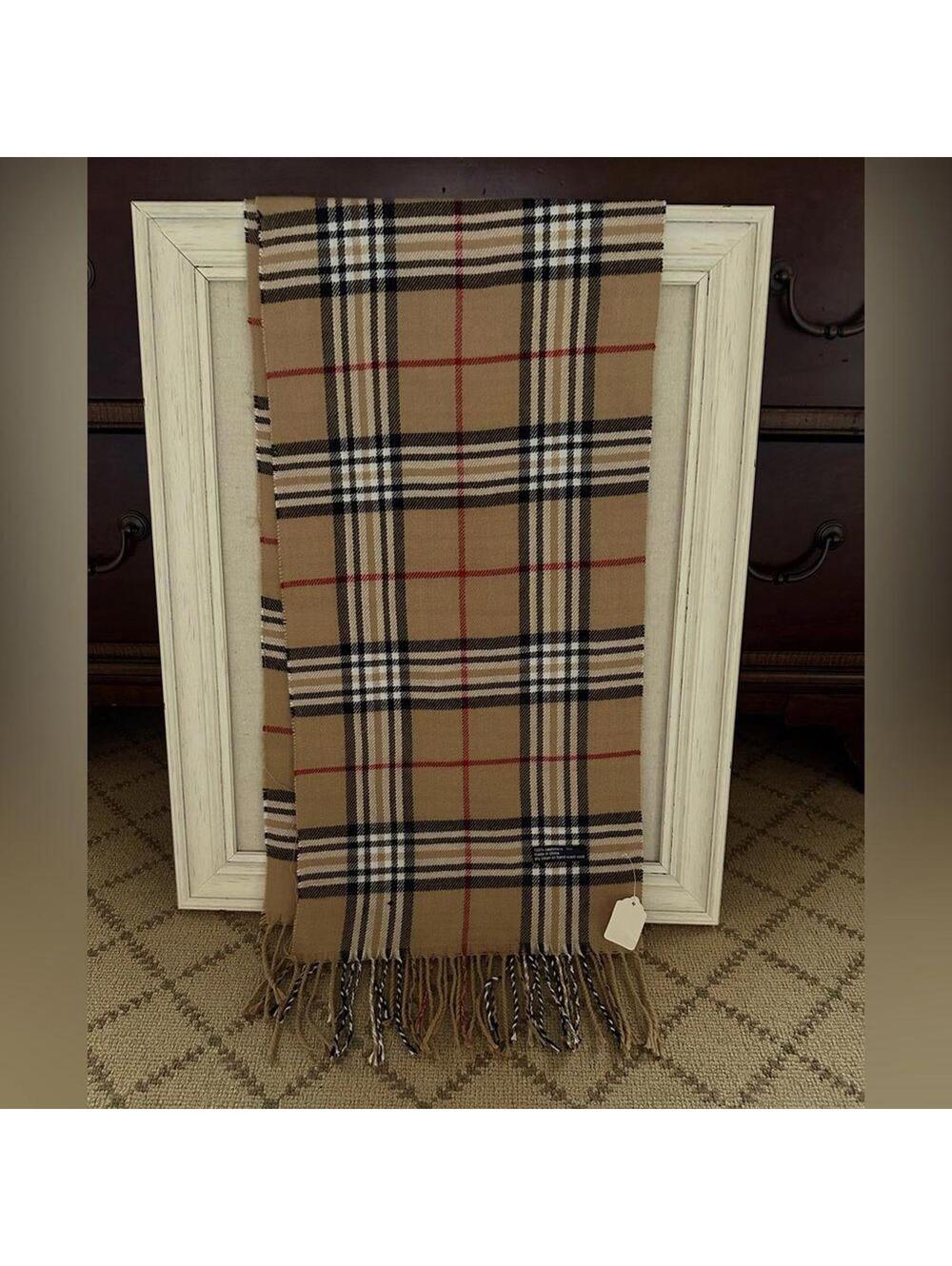 Scarf Muffler with camel, black, and red striped plaid designwith fringe